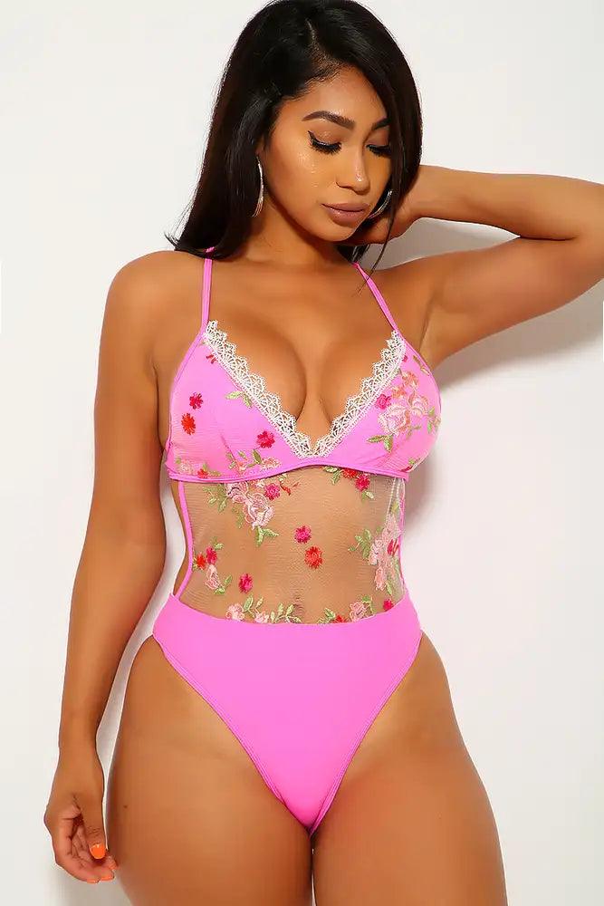 Neon Pink Floral Print One Piece Swimsuit - AMIClubwear