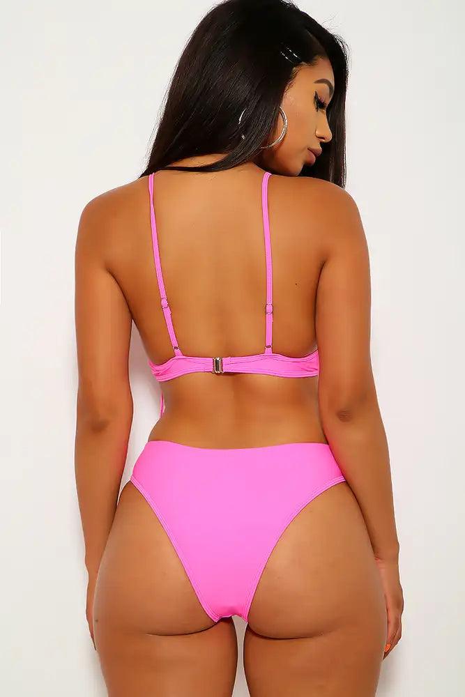 Neon Pink Floral Print One Piece Swimsuit - AMIClubwear