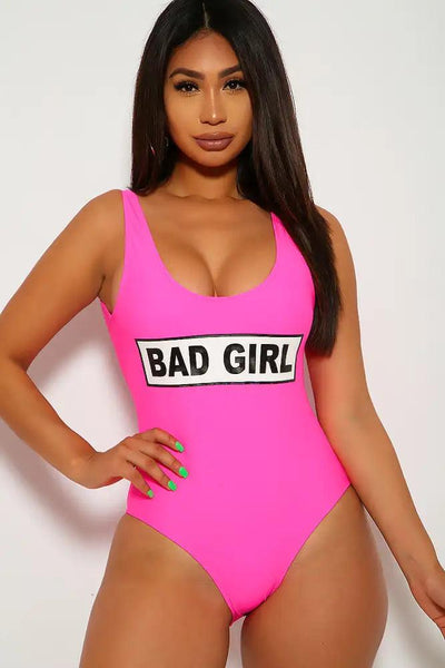 Neon Pink Graphic Design One Piece Swimsuit - AMIClubwear