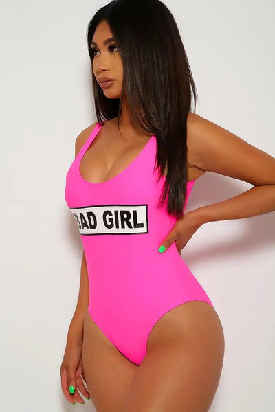 Neon Pink Graphic Design One Piece Swimsuit - AMIClubwear