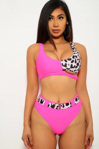 Neon Pink Leopard Cut Out Two Piece Swimsuit - AMIClubwear