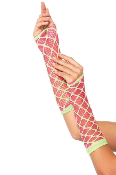 Neon Pink Lime Netted Arm Warmer Gloves - AMIClubwear