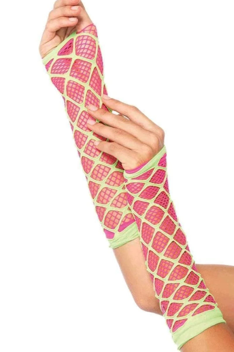 Neon Pink Lime Netted Arm Warmer Gloves - AMIClubwear