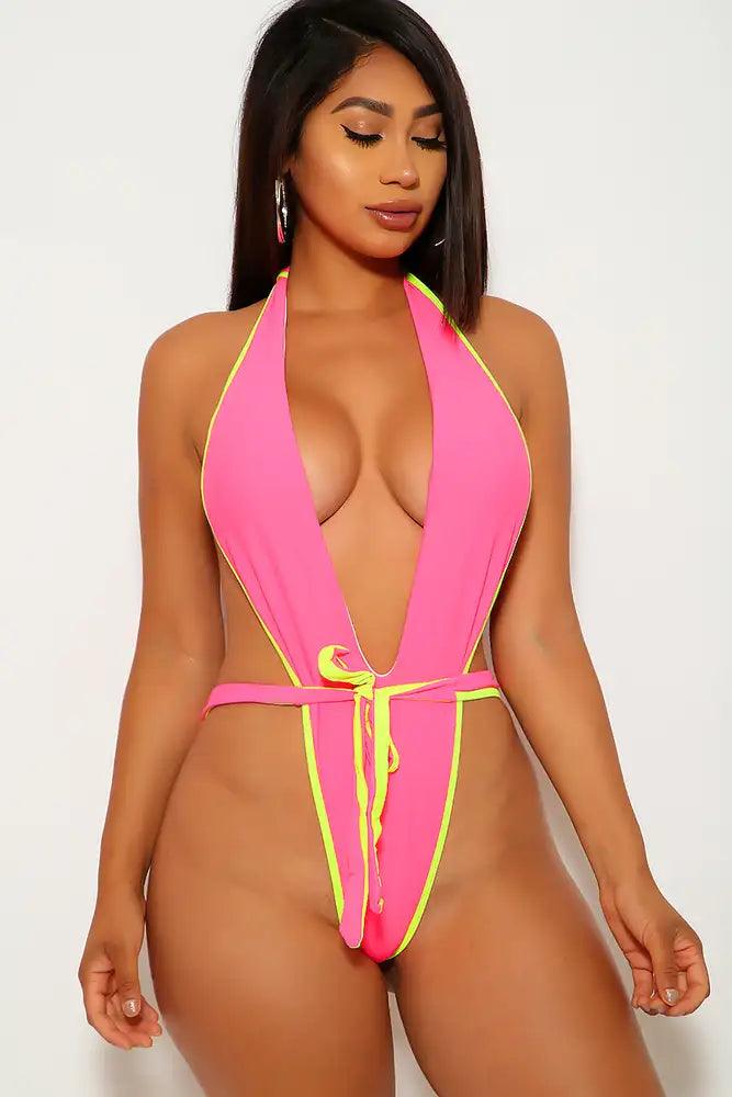 Neon Pink Lime Plunging One Piece Swimsuit - AMIClubwear