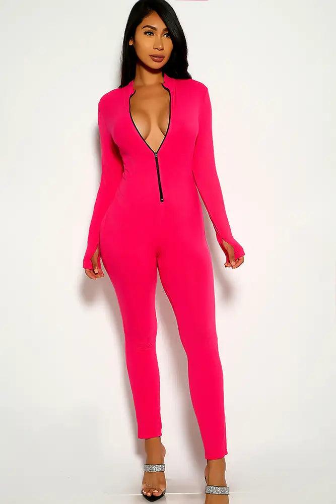 Neon Pink Long Sleeve Jumpsuit - AMIClubwear