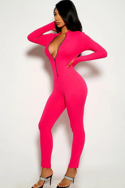 Neon Pink Long Sleeve Jumpsuit - AMIClubwear