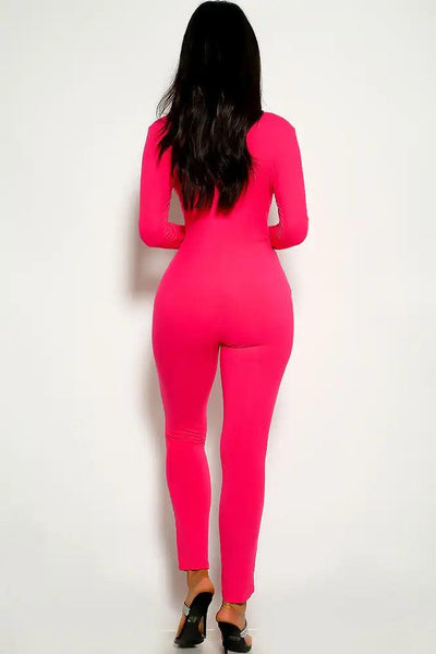 Neon Pink Long Sleeve Jumpsuit - AMIClubwear