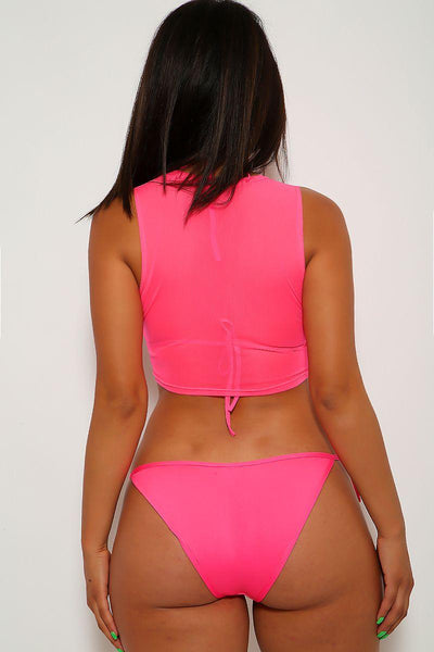 Neon Pink Mesh Halter Three Piece Swimsuit - AMIClubwear