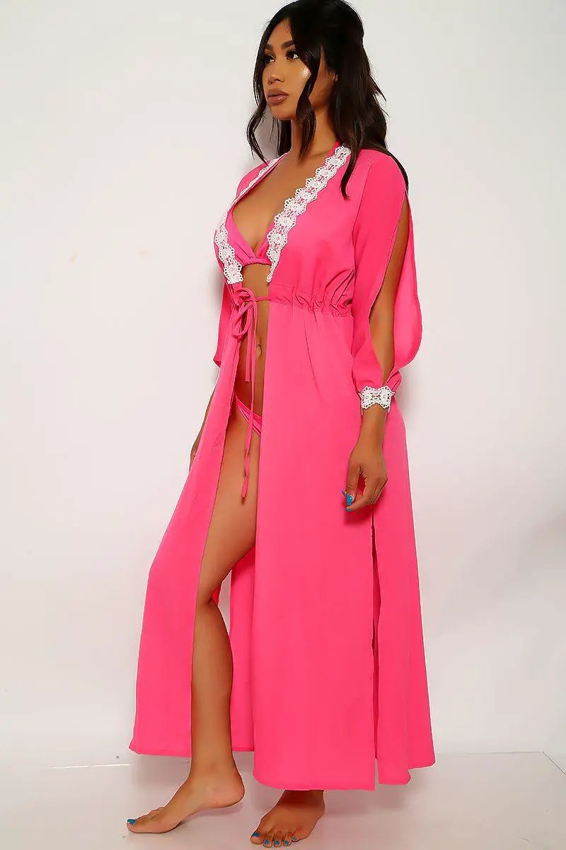 Neon Pink Mesh Three Piece Swimsuit Set
