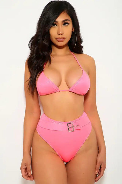 Neon Pink Snake Print Belted Two Piece Swimsuit - AMIClubwear