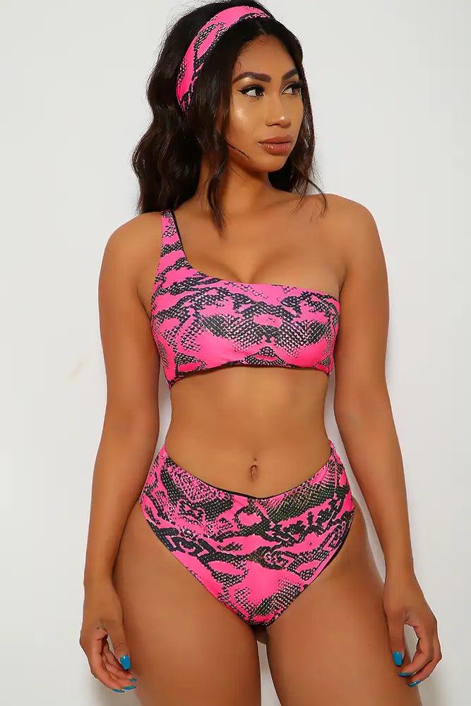 Neon Pink Snake Three Piece Swimsuit - AMIClubwear