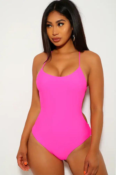 Neon Pink Strappy One Piece Swimsuit - AMIClubwear