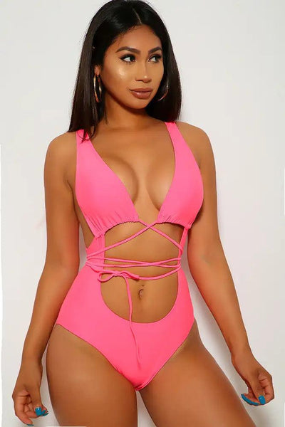 Neon Pink Strappy Tie Monokini - AMIClubwear