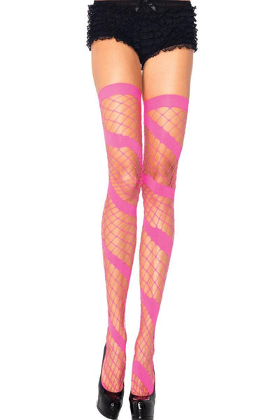 Neon Pink Swirl Diamond Net Thigh Highs - AMIClubwear