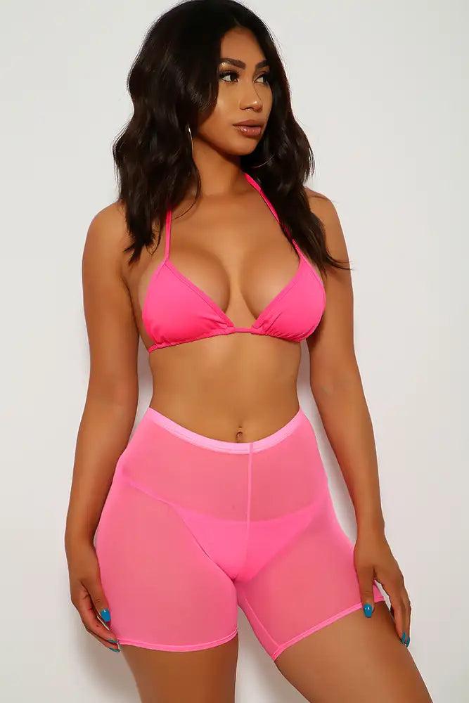 Neon Pink Three Piece Mesh Swimsuit Set - AMIClubwear