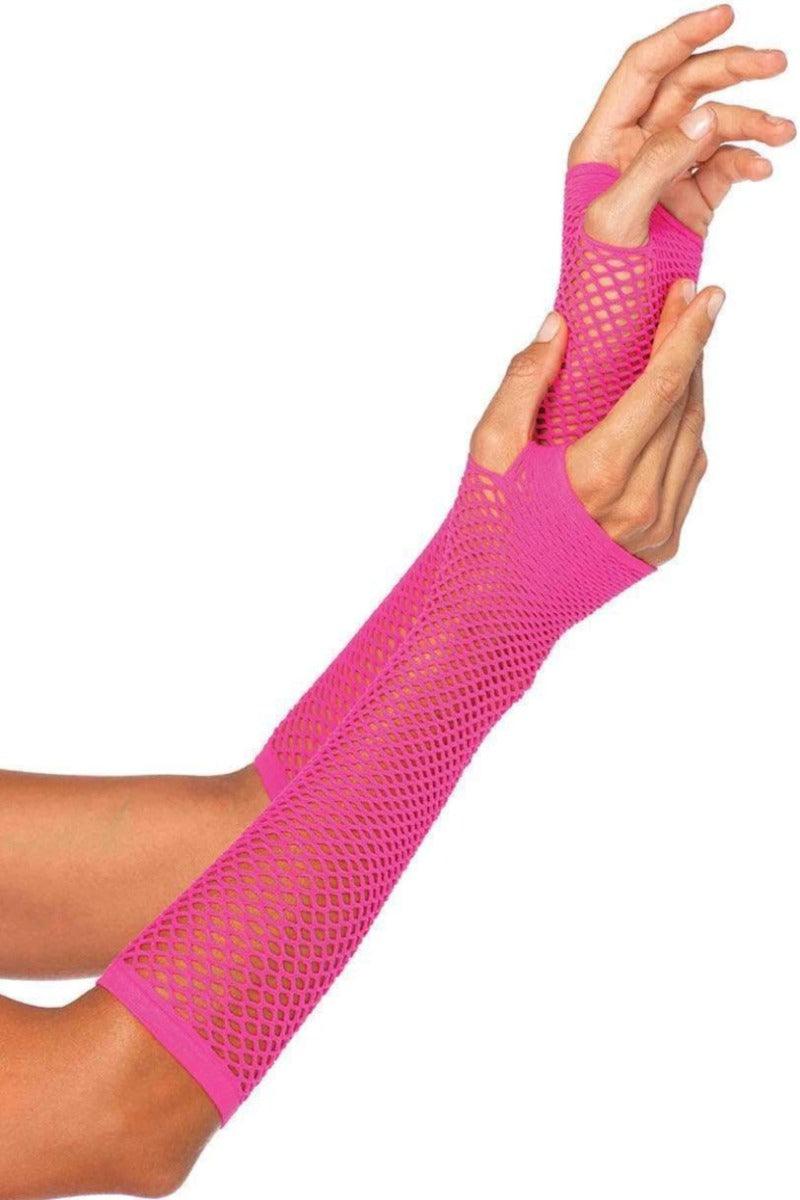 Neon Pink Triangle Net Fingerless Arm Warmer Gloves - AMIClubwear