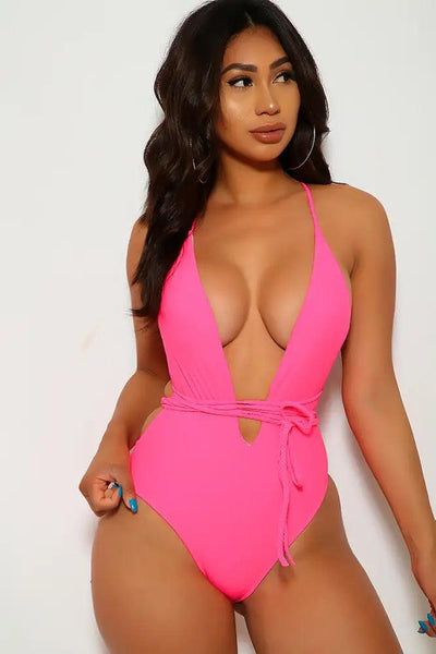 Neon Pink V-Cut Braided One Piece Swimsuit - AMIClubwear