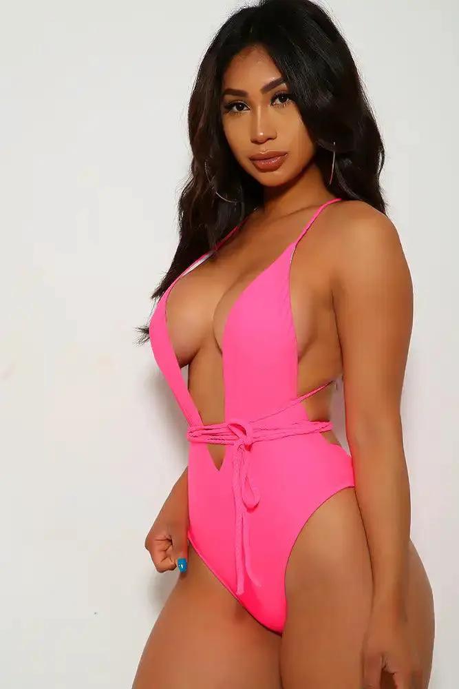 Neon Pink V-Cut Braided One Piece Swimsuit