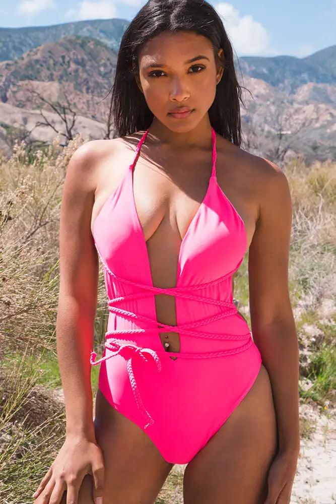 Neon Pink V-Cut Braided One Piece Swimsuit - AMIClubwear