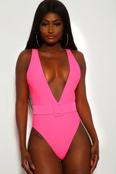 Neon Pink V-Cut One Piece Swimsuit - AMIClubwear