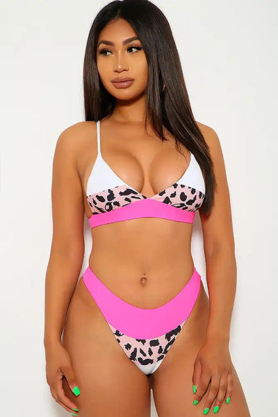 Neon Pink White Animal Print Two Piece Swimsuit - AMIClubwear