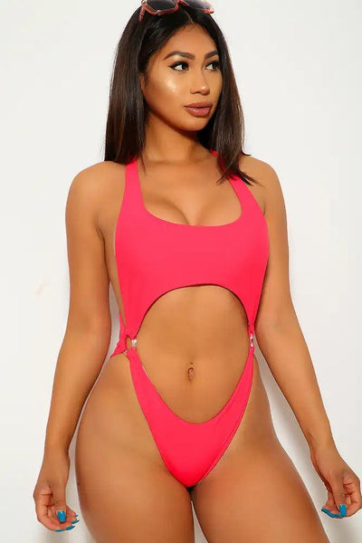 Neon Red Cut Out Pucker back One Piece Swimsuit - AMIClubwear