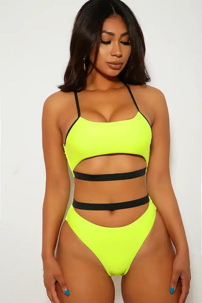 Neon Yellow Black Double Strap High Waist Two Piece Swimsuit - AMIClubwear