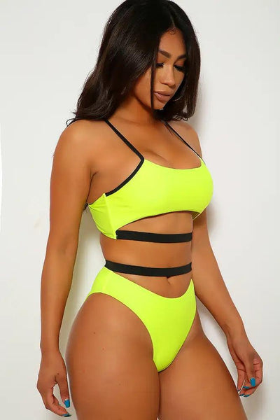 Neon Yellow Black Double Strap High Waist Two Piece Swimsuit - AMIClubwear