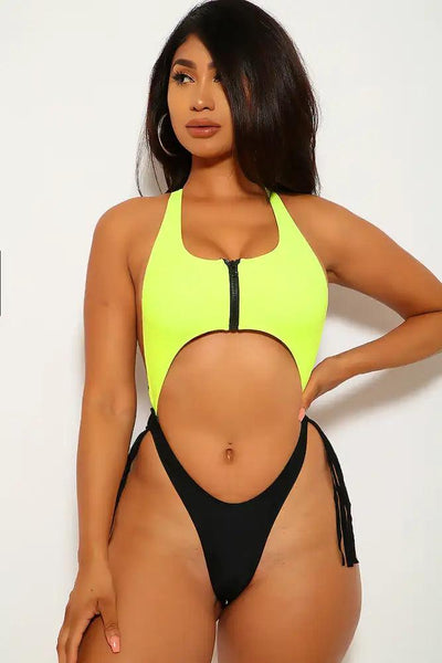 Neon Yellow Black Fringe One Piece Swimsuit - AMIClubwear