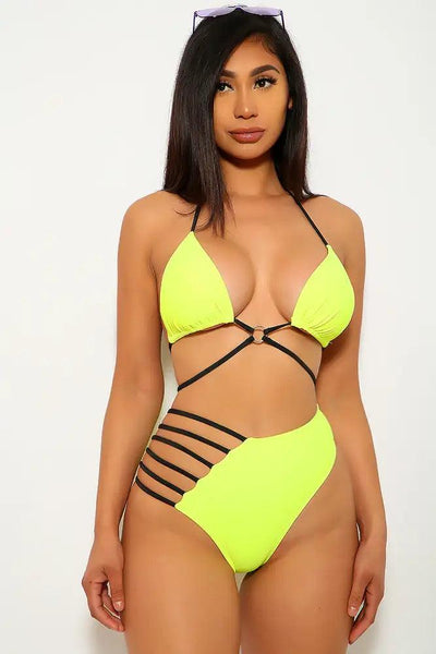 Neon Yellow Black O-Ring Two Piece Swimsuit - AMIClubwear