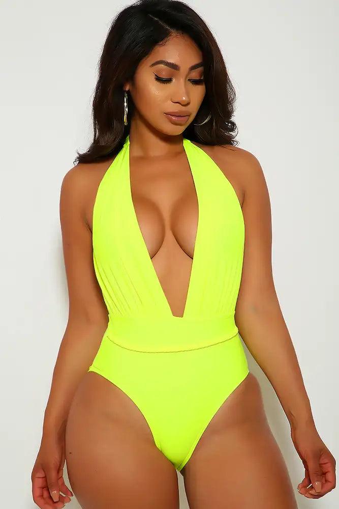 Neon Yellow Braided Plunging Neckline One Piece Swimsuit - AMIClubwear