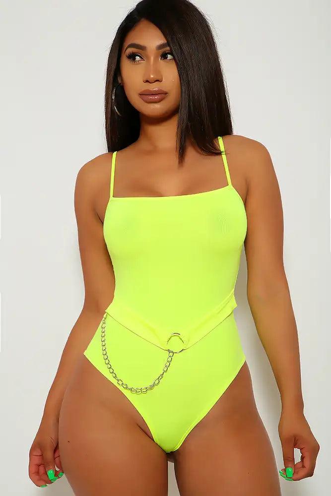 Neon Yellow Chain Strap One Piece Swimsuit - AMIClubwear