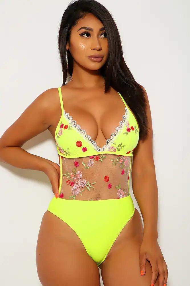 Neon Yellow Floral Print One Piece Swimsuit - AMIClubwear