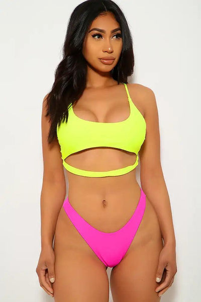 Neon Yellow Fuchsia Two Piece Swimsuit - AMIClubwear