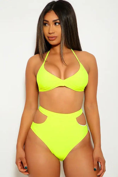 Neon Yellow High Waist Two Piece Swimsuit - AMIClubwear