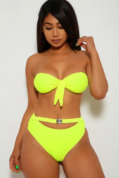Neon Yellow Knotted Bandeau Cheeky Two Piece Swimsuit - AMIClubwear
