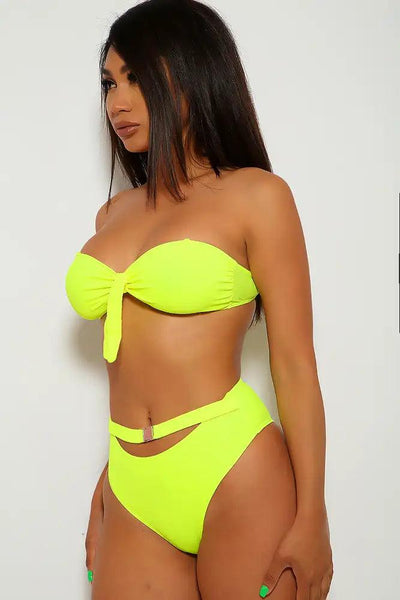 Neon Yellow Knotted Bandeau Cheeky Two Piece Swimsuit - AMIClubwear