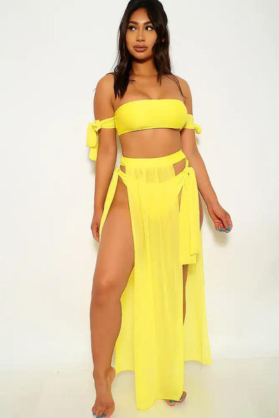 Neon Yellow Mesh Three Piece Swimsuit Set - AMIClubwear