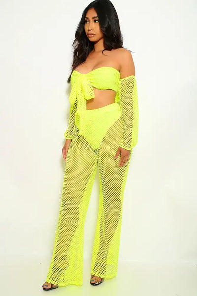 Neon Yellow Netted Flared Two Piece Outfit - AMIClubwear