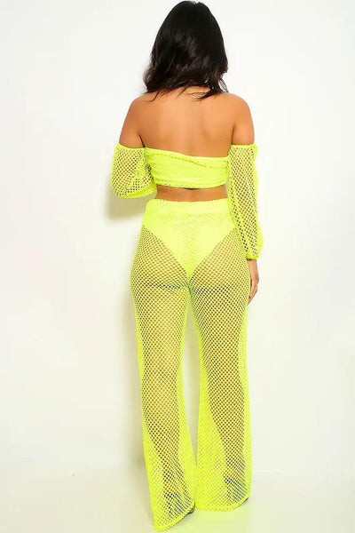 Neon Yellow Netted Flared Two Piece Outfit - AMIClubwear