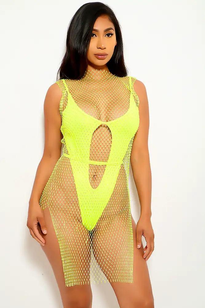 Neon Yellow Netted Rhinestones One Piece Swimsuit Coverup - AMIClubwear