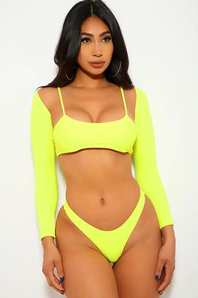 Neon Yellow Padded Cheeky Three Piece Swimsuit - AMIClubwear