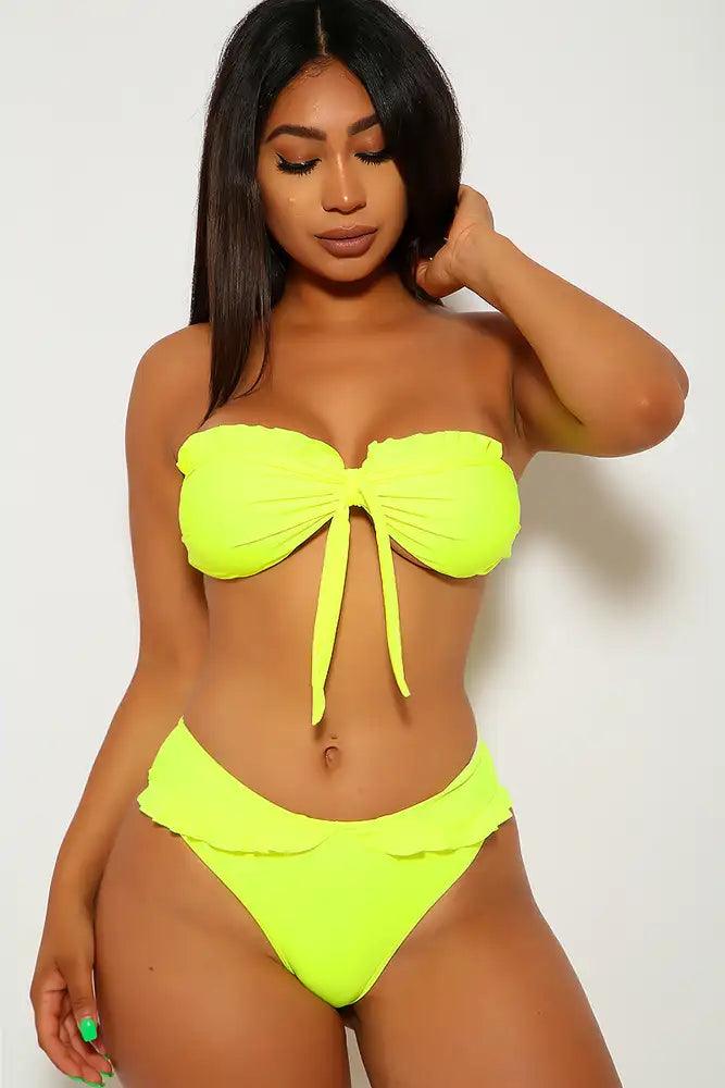 Neon Yellow Ruffle Bandeau High Waist Two Piece Swimsuit - AMIClubwear