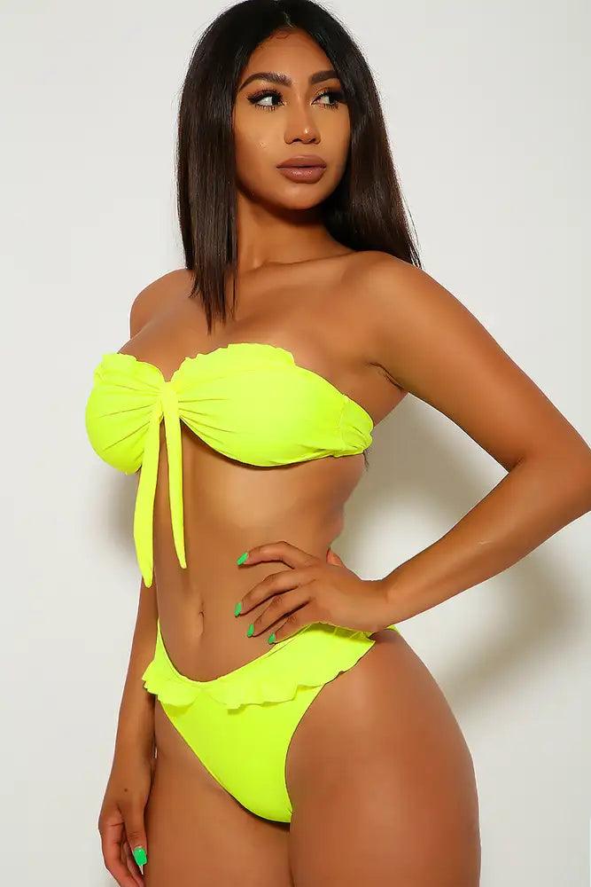 Neon Yellow Ruffle Bandeau High Waist Two Piece Swimsuit - AMIClubwear