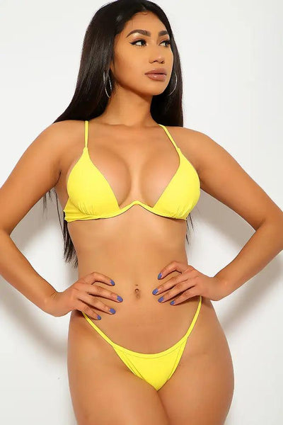 Neon Yellow Sexy Underwire V Two Piece Swimsuit Bikini - AMIClubwear