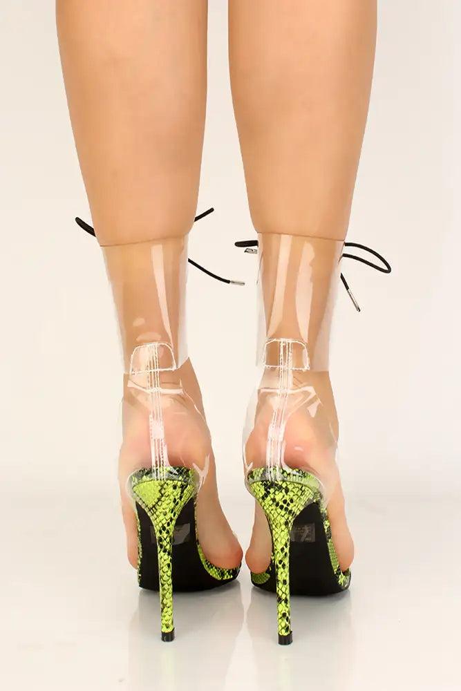 Neon Yellow Snake Clear Lace Up High Heels - AMIClubwear