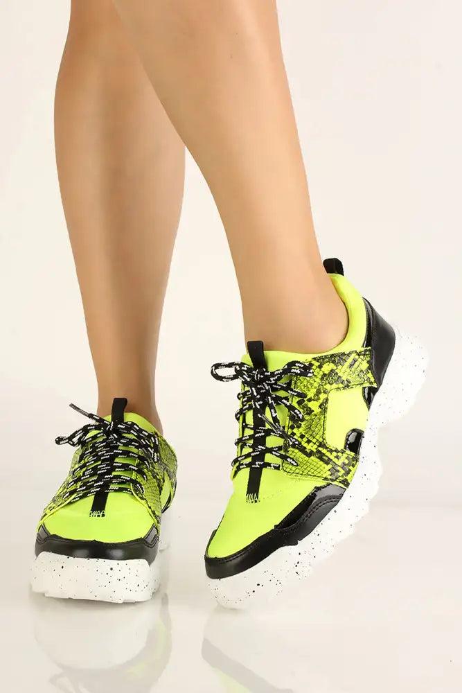 Neon Yellow Snake Print Casual Sneakers - AMIClubwear