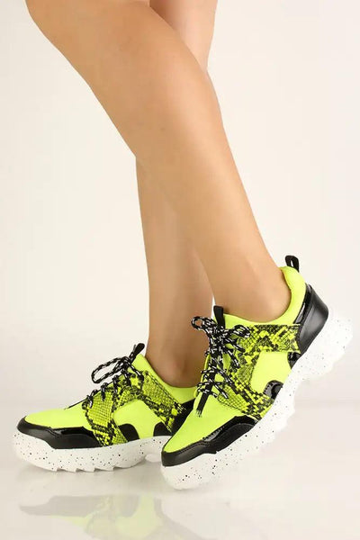 Neon Yellow Snake Print Casual Sneakers - AMIClubwear