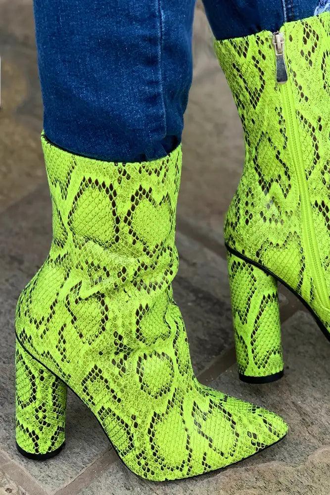 Neon Yellow Snake Print Pointy Toe Chunky Heel Booties - AMIClubwear