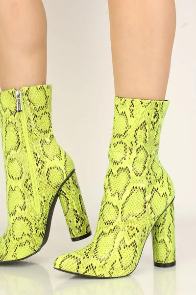 Neon Yellow Snake Print Pointy Toe Chunky Heel Booties - AMIClubwear